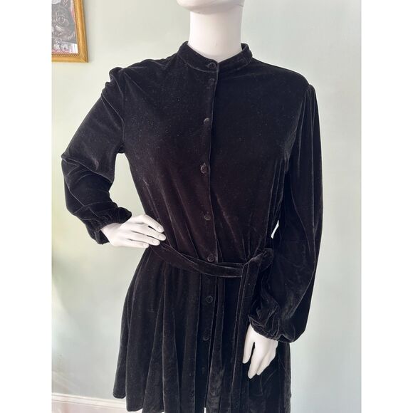 Zara Black Velvet Belted Balloon Sleeve Button Up Mini Dress size Medium - Picture 6 of 10